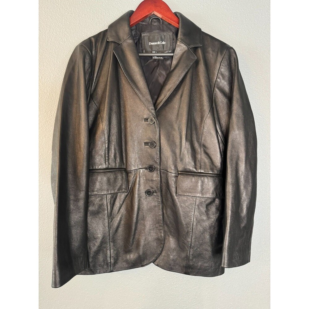 Dunne & Cole Black Italian Lambskin Leather Blazer Jacket Womens L 90s Vintage